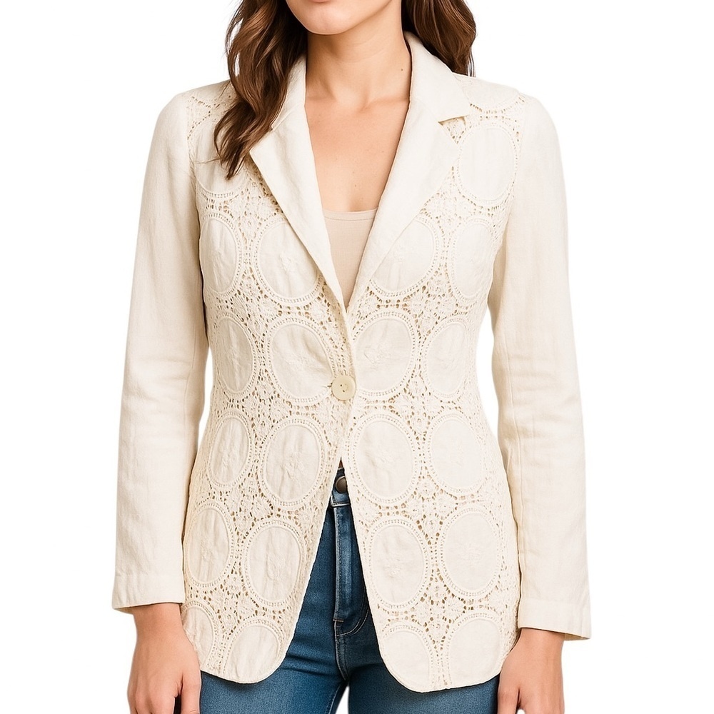 The Limited White Crochet Lace Linen Blazer Vintage Y2K Western Coastal Size S